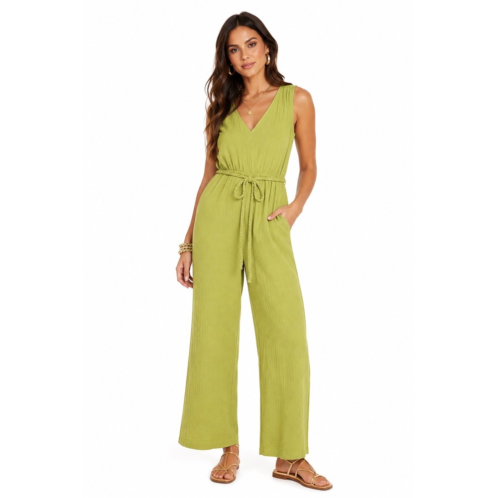 41 Hawthorn Sleeveless Gauze Jumpsuit Light Green V-Neck Braided Belt Size M NWT